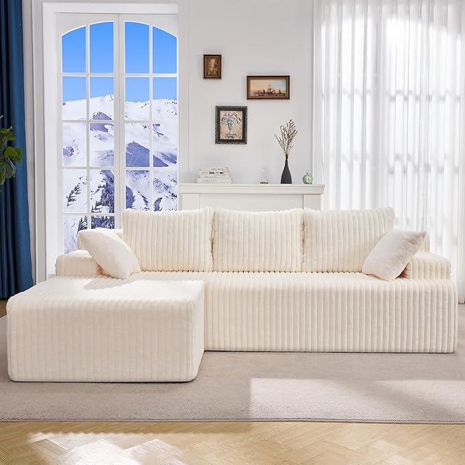 Hobestluk Boneless Couch Modular Sectional Sofa L-Shape Cloud Couch Lounge | 96" Left Facing Chaise White,Memory Foam,Removable Cover,Non-slip Bottom,No Assemble Required,Furniture for Small Home