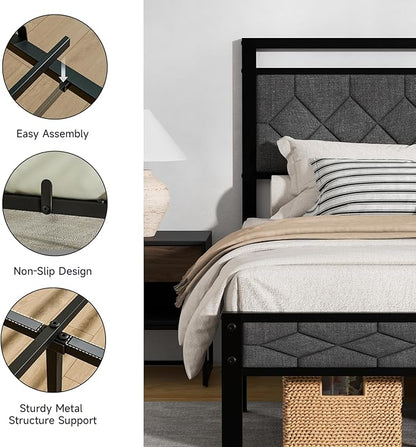 Z-hom Easy Assembly Upholstered Platform Bed Frame with Soft Padded Headboard, Modern Linen Fabric Mattress Foundation, No Box Spring Needed, Noise-Free & Sturdy Metal Support, Full Size (Grey)