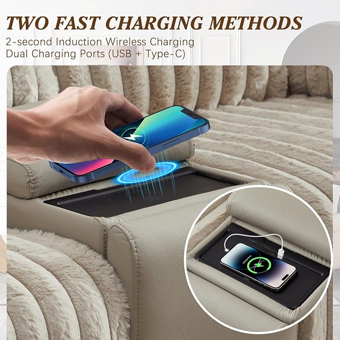 Oversized Reclining Sofa Set with Hidden Cup Holders & Wireless Charger, Manual Double Recliner Sofa, Wall Hugger Recliner Couch with USB Ports for Living Room (Beige, Loveseat+Sofa)