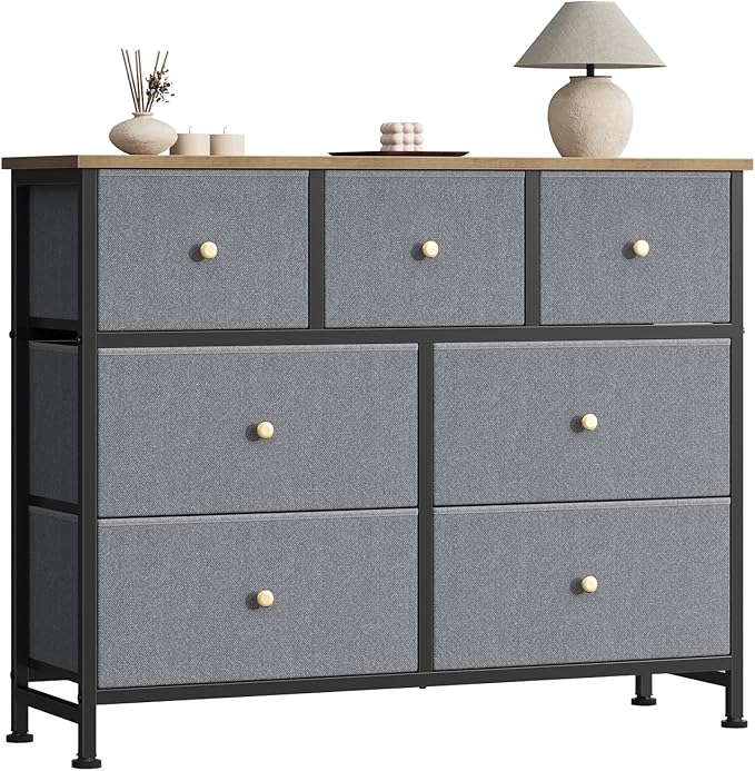 Sweetcrispy 7 Drawer Dresser with Fabric Bins, Fabric Storage Tower Organizer for Bedroom, Closet, Hallway, Entryway, Tall Chest of Drawers with Steel Frame, Wood Top, Large Storage, Gray Blue