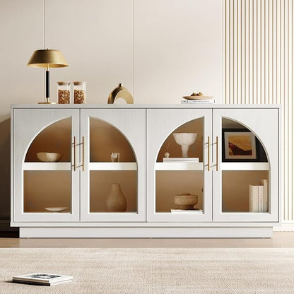 Fatmok Sideboard Buffet Cabinet with Storage Set of 2, 59” Modern Accent Cabinet with Glass Doors, Large Wood Arched Credenza Storage with Adjustable Shelves for Dining Room Entryway, White Wood Grain
