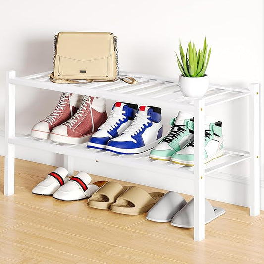 Smiry Bamboo Shoe Rack, 2 Tier Free Standing Wooden Shoe Organizer, Stackable Wood Shoe Storage Shelf for Closet, Entryway, 12 Vertical Slats, One-piece Standard Legs, 26.8"x11"x13", White