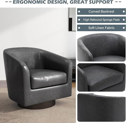 Swivel Barrel Accent Chair, Faux Leather Club Chair Upholstered Armchair for Living Room, Modern Arm Chair Small Single Sofa Bedroom Side Reading Seat - Black