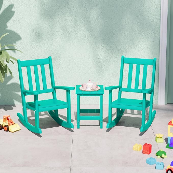 Costaelm Paradise Kids 3-Piece Outdoor HDPE Plastic Square Side Table and Rocking Chairs Set, Turquoise