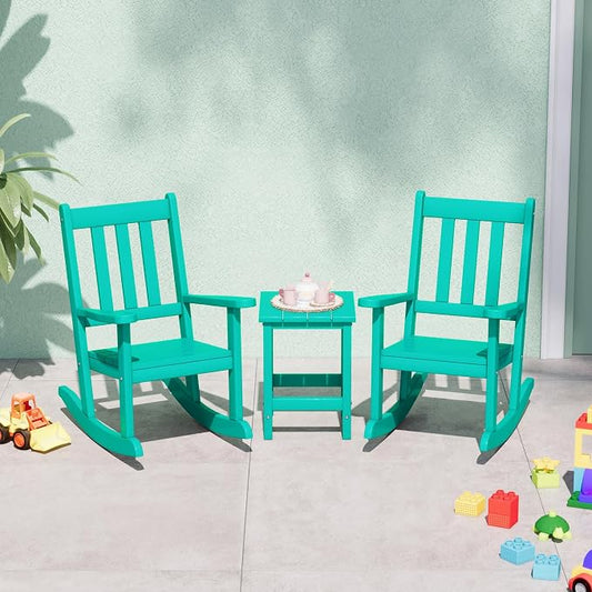 Costaelm Paradise Kids 3-Piece Outdoor HDPE Plastic Square Side Table and Rocking Chairs Set, Turquoise