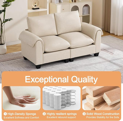 70.5" Faux Leather Modular Sectional Loveseat Sofa, Oversized 2 Seater Upholstered Couch with Curved Armrests, Cloud Modern Deep Seat Love Seat Sofa for Living Room, Beige