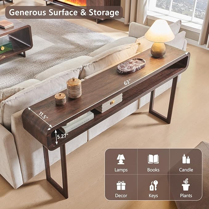 IFGET 63-Inch Long Console Table, 31.5" Tall Modern Entryway Table with Open Storage Shelf, Curved Profile Design, Narrow Wood Sofa Table Behind Couch Tables for Living Room, Hallway, Foyer, Brown