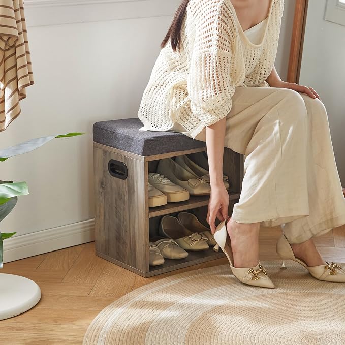 YMYNY Small Shoe Storage Bench with Cushion, 2 Tier Entryway Bench with Shoe Storage, Shoe Rack Bench for Entryway, Living Room, Hallway, Closet, Bedroom, 15.4L*11W*16.54H, Silver Gray UHBD028Y