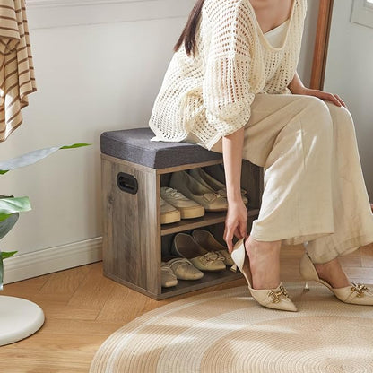 YMYNY Small Shoe Storage Bench with Cushion, 2 Tier Entryway Bench with Shoe Storage, Shoe Rack Bench for Entryway, Living Room, Hallway, Closet, Bedroom, 15.4L*11W*16.54H, Silver Gray UHBD028Y