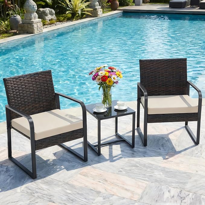 Bezseller 3 Piece Outdoor Patio Furniture Set, Patio Bistro Set Wicker Conversation Set, Modern Rattan Chair with Glass Coffee Table for Backyard, Porches, Poolside, Lawn and Balcony