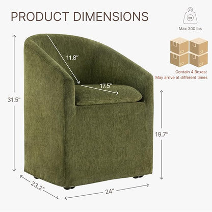KISLOT Upholstered Dining Chairs Set of 4 with Casters, Modern Side Barrel Armchair with Washable Slipcover & Sturdy Metal Frame for Diningroom Bedroom Livingroom Reading Room, Green Fabric