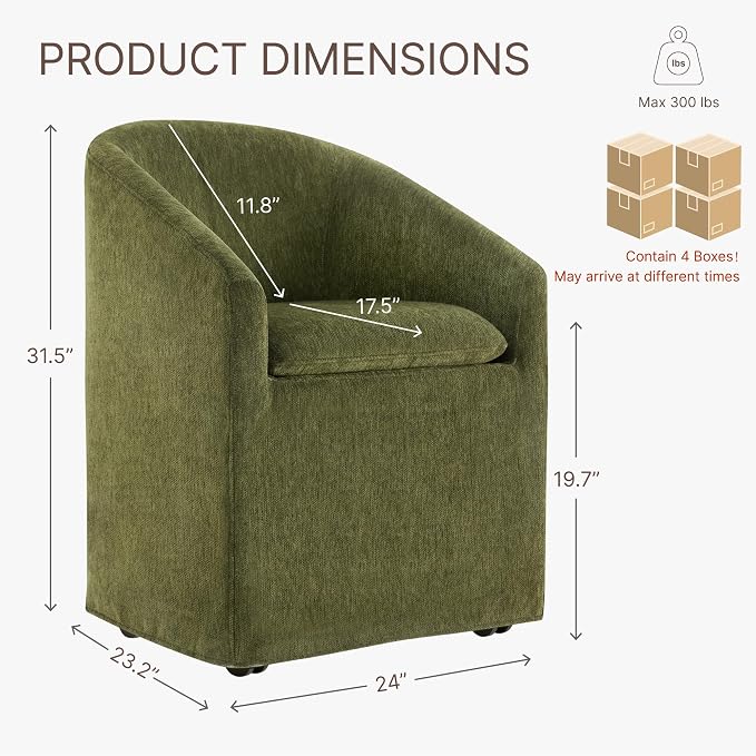 KISLOT Upholstered Dining Chairs with Casters, Washable Cover Modern Dining Room Chairs with Barrel Backrest & Dual Armrest for Kitchen, Living Room, Bedroom, Green Fabric, 4PCS