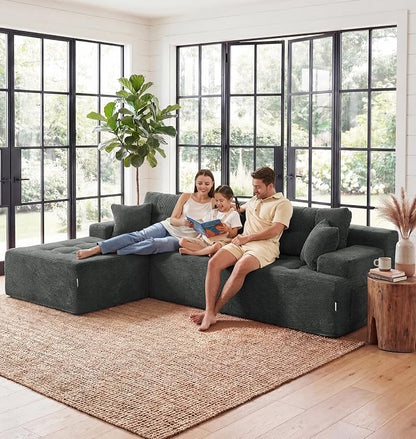 Hobestluk Modular Sectional Sofa Couches L-Shape Couch 3 Seat Modular Sofa Memory Foam Sectional Couches for Living Room, Cloud Couch with Oversized Chaise (Charcoal Corduroy, 96", Left Hand Facing)