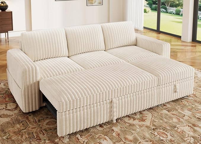 HONBAY Modular Sectional Sofa with Pull Out Bed,Corduroy L Shaped Sleeper Sofa with Storage, Sectional Couches for Living Room,Beige
