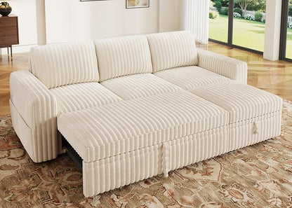 HONBAY Modular Sectional Sofa with Pull Out Bed,Corduroy L Shaped Sleeper Sofa with Storage, Sectional Couches for Living Room,Beige