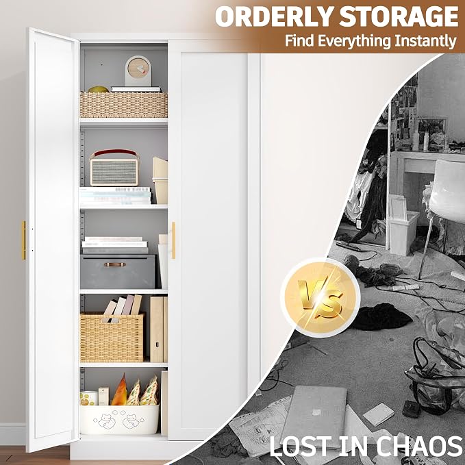 71” Tall Kitchen Pantry Cabinet, Metal Storage Cabinet with 2 Doors and 4 Adjustable Shelves for Kitchen, Living Room, Laundry Room