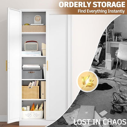 71” Tall Kitchen Pantry Cabinet, Metal Storage Cabinet with 2 Doors and 4 Adjustable Shelves for Kitchen, Living Room, Laundry Room