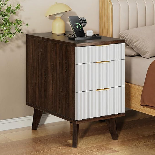 Kalrin Narrow Nightstand with Hidden Outlets & USB Ports, Modern Fluted Bedside Table with 3 Drawers, Engineering Wooden End Tables for Bedroom and Living Room(Brown & White)