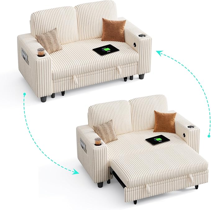 LINSY HOME Sectional Sleeper Sofa Bed, Corduroy Pull Out Couch for Living Room (Beige,Small Couch)|USB Ports, Cup Holder, Side Pocket|2 Seater Convertible Sofa Bed| Apartment Guest Room, Loveseat