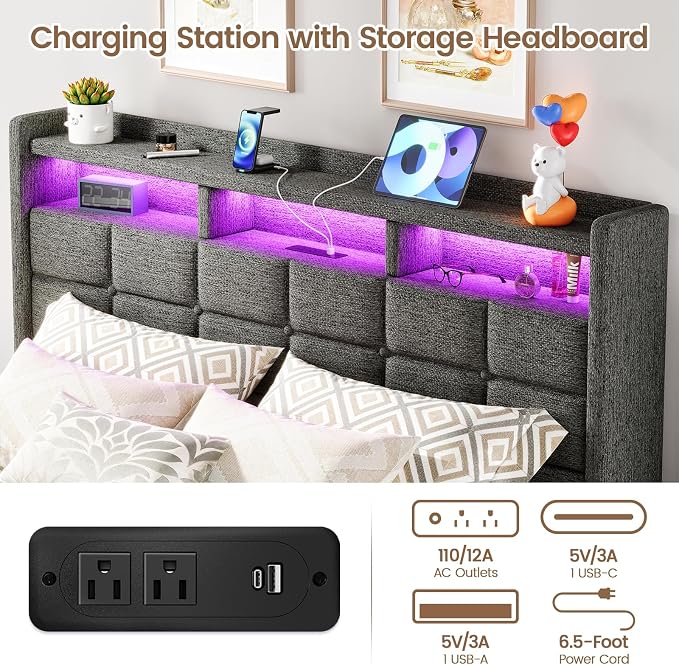 Driftalia Lift Up Queen Bed Frame with Storage, Upholstered Bed Frame Queen Size with LED Lights Headboard and Charging Station, No Box Spring Needed, Easy Assembly - Dark Grey