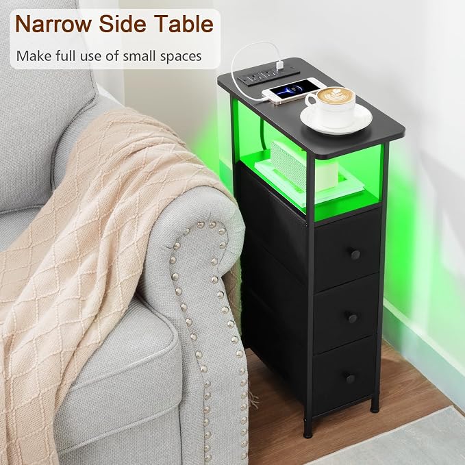 LOAKEKEL Narrow End Tables Living Room Set of 2 with Charging Station, Skinny Side Table with Fabric Drawers, Slim LED Nightstand for Bedroom, Small Spaces, Couch, Black, HETNDP03LBK