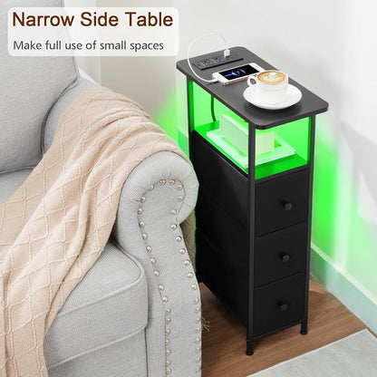 LOAKEKEL Narrow End Tables Living Room Set of 2 with Charging Station, Skinny Side Table with Fabric Drawers, Slim LED Nightstand for Bedroom, Small Spaces, Couch, Black, HETNDP03LBK