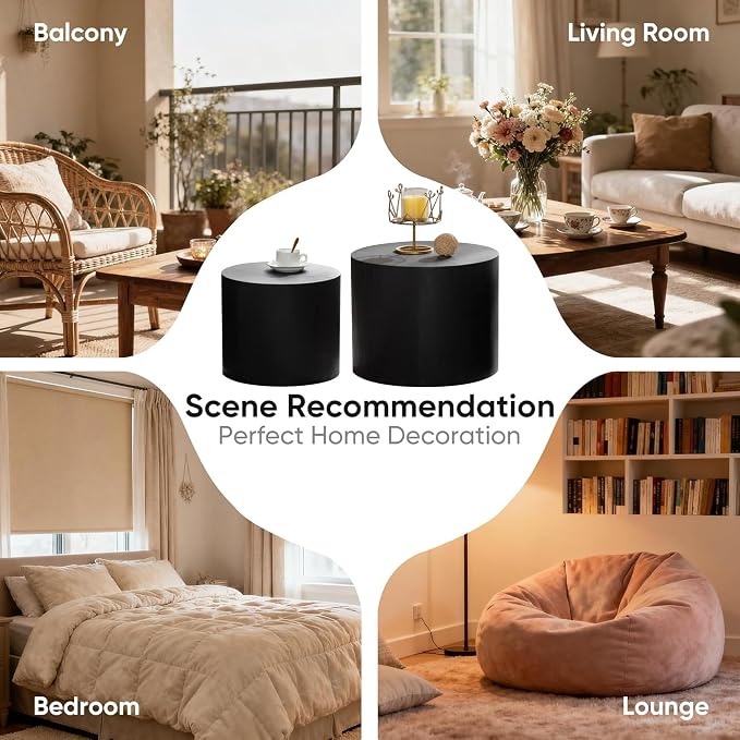 Nesting Round Coffee Table Set of 2, Circle Accent End Table for Small Spaces, Morden Drum Side Table, Wooden Center Table for Living Room, Fully Assembled - Black