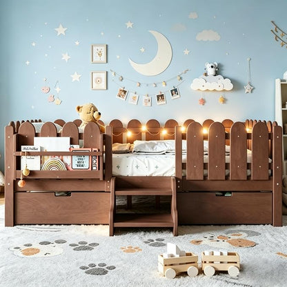 Bellemave Full Size Platform Bed with Storage Drawers & Bookshelf for Boys Girls, Kids Full Bed Frame with LED Lights & Stairs for Children's Room, Deep Natural