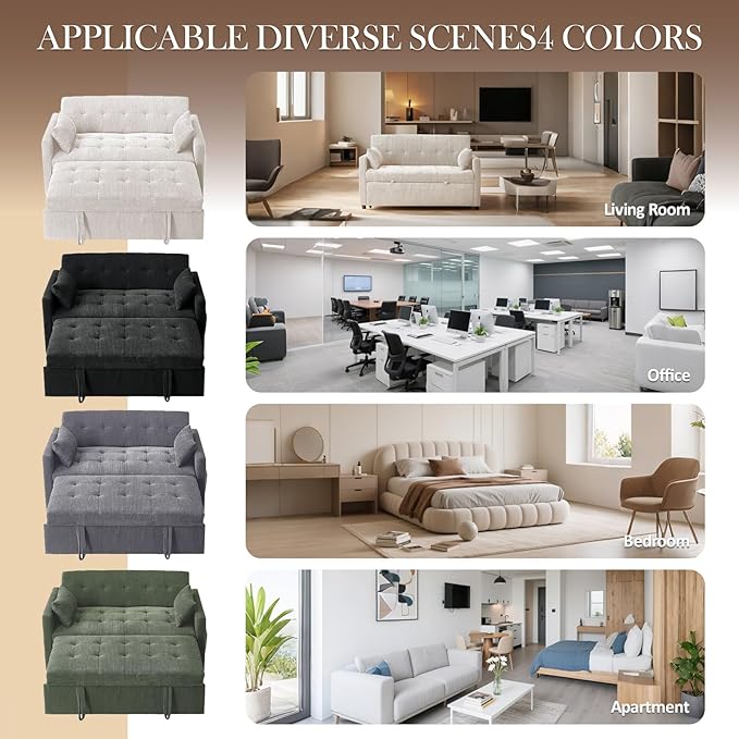 Sofa Bed, Loveseat 3-in-1 Sleeper Sofa with Pull Out Bed, Pockets and USB, Modern 2 Seater Convertible Small Couch for Living Room Bedroom Apartment (Black, Corduroy)