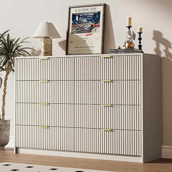 MAISONARIA 3-Piece Dresser Bedroom Set, 8 Drawer Dresser & 2 Drawer Nightstands with Gold Handles, Fluted Wood Chest of Drawers for Bedroom, Living Room, Entryway, Beige