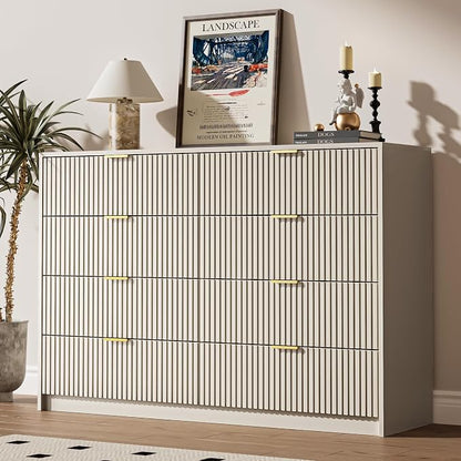 MAISONARIA 3-Piece Dresser Bedroom Set, 8 Drawer Dresser & 2 Drawer Nightstands with Gold Handles, Fluted Wood Chest of Drawers for Bedroom, Living Room, Entryway, Beige