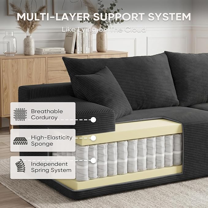 Boneless Couch, 102.4" Sectional Couches for Living Room with L Shape Sofa | Cloud Couch Sectional with Chaise, Modular Cloud Sofa with Deep Seat, No Assembly, Black, Corduroy, Right Chaise