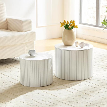 Nesting Coffee Tables Set of 2, Wooden Round Fluted Coffee Tables with Storage, Accent Drum Side Table, Luxury Modern Circle End Table for Small Spaces Living Room Bedroom Balcony Office, White