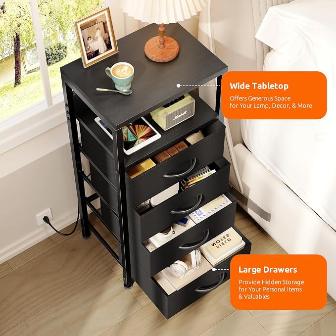 Lazzanto NightStand Bedside Charging Table Bedroom - Black Night Stand with Charger Station, Modern Bed Side End Table with Open Shelf & 4 Fabric Drawers, USB-C Port for Dorm Living Room