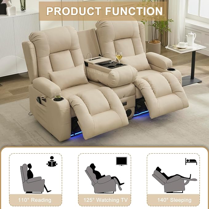 URRED Power Loveseat Recliner Sofa with Massage and Heat, Wall Hugger Reclining Loveseat with Console, RV Couch Home Theater Seating with LED Lights for Living Room (Beige, 67" - 2 Seats)