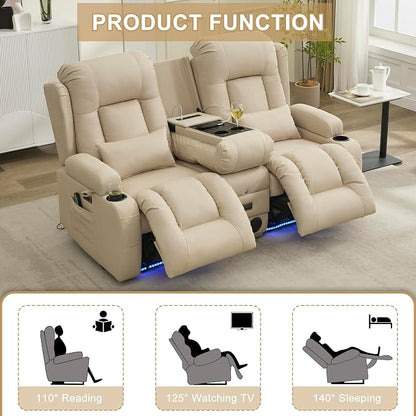URRED Power Loveseat Recliner Sofa with Massage and Heat, Wall Hugger Reclining Loveseat with Console, RV Couch Home Theater Seating with LED Lights for Living Room (Beige, 67" - 2 Seats)