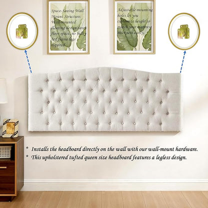 24KF Upholstered Tufted Button Wall Mounted Linen Headboard,Comfortable Fashional Headboard Queen/Full Size,6055-Q-Ivory