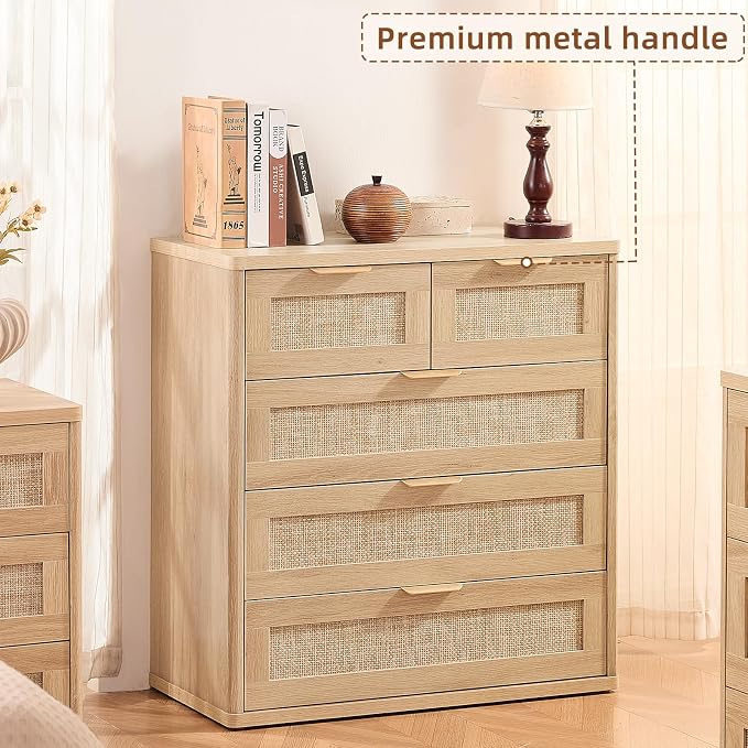 LEYAOYAO Rattan Dresser for Bedroom, 33.5" Tall Chest of Drawers, Modern 5 Drawers Boho Dressers with Storage, Light Oak Dresser Wooden Closet Organizer for Living Room, Hallway, Natural Wood