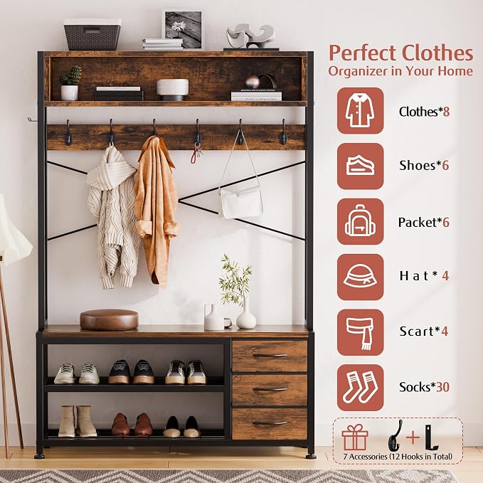 Lulive Hall Tree with 3 Drawers, Industrial Entryway 39.4" Coat Rack Shoe Bench, Freestanding Mudroom Organizer with 12 Hooks, Top Shelf Storage (Rustic Brown)