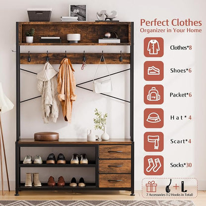 Lulive Hall Tree with 3 Drawers, Industrial Entryway 39.4" Coat Rack Shoe Bench, Freestanding Mudroom Organizer with 12 Hooks, Top Shelf Storage (Rustic Brown)