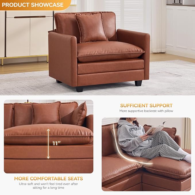 WUTUTUEE 41'' Modern Leather Oversized Chair, Upholstered Accent Living Room Chair with Extra Thicked Deep Seat, Single Lounge Chair for Bedroom, Small Apartment, Leather Brown