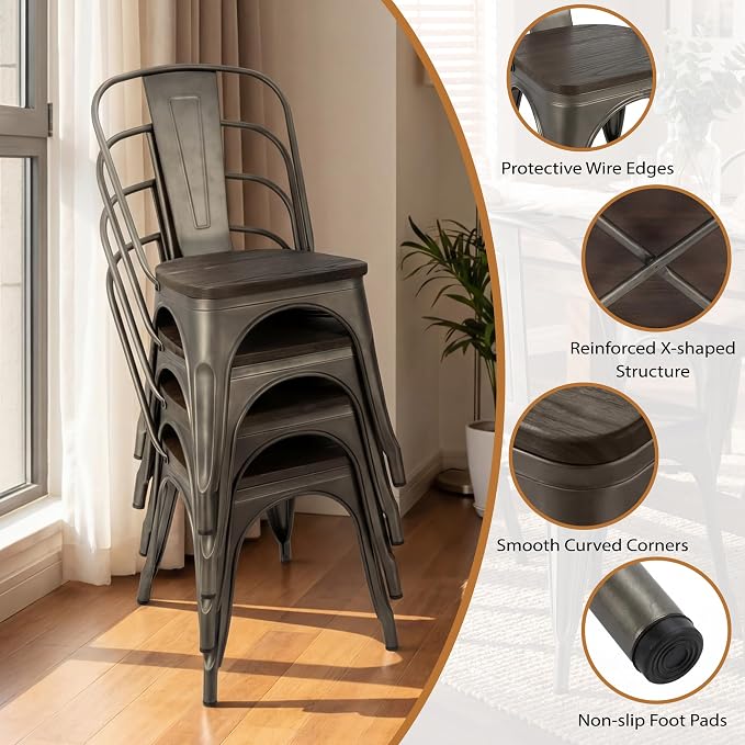 JUMMICO Metal Dining Chair Stackable Industrial Vintage Kitchen Chairs Indoor-Outdoor Bistro Cafe Side Chairs with Back and Wooden Seat Set of 4 (Gun)