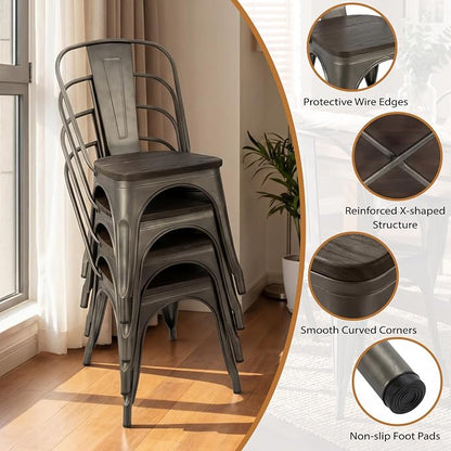 JUMMICO Metal Dining Chair Stackable Industrial Vintage Kitchen Chairs Indoor-Outdoor Bistro Cafe Side Chairs with Back and Wooden Seat Set of 4 (Gun)