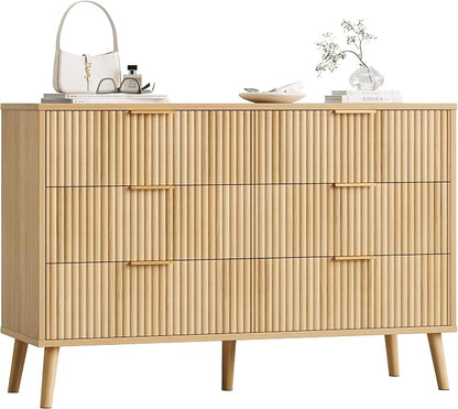 Fluted 6 Drawers Dresser for Bedroom, Wooden Wide Chest of Drawers with Metal Handle, Dresser TV Stand, Closet Storage Organizer for Entryway, Living Room, Hallway (Natural)