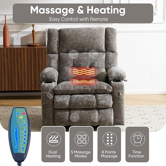 Power Lift Recliner Chair for Elderly with Massage and Heat, Dual Motor Electric Lift Chair with Arm Storage, Lay Flat Recliner for Big and Tall, Infinite Position,Living Room, Bedroom, Gray