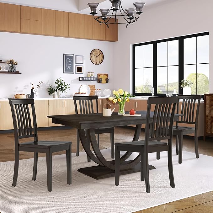 COLAMY Wooden Dining Chairs Set of 4, Solid Rubberwood Kitchen & Dining Room Chairs,Windsor Style Seating, Rustic Dining Table Chairs, Non-Slip Foot Pads, Farmhouse & Traditional Seating,Dark Brown