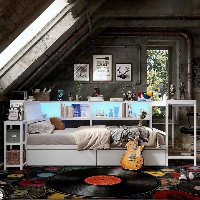 Bellemave Full Size Corner Bed Frame with Storage Drawers, Bookcase and Side Desk, Full Corner Bed with Light and Charging Station, Daybed for Bedroom, Living Room, Guest Room White