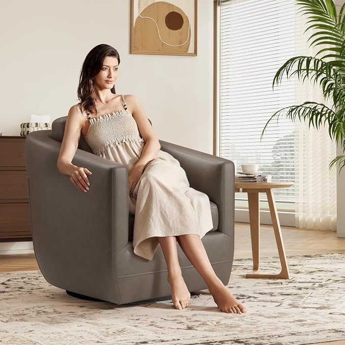 MALOL 360° Swivel Accent Chair- Comfy Living Room Armchair No-Sag Foam & Sturdy Metal Base with Pillow, Fully Assembled Swivel Accent Single Sofa for Bedroom, Office, Wolf Grey