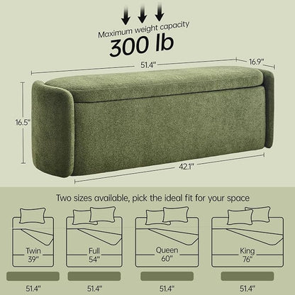 VKNOW 51" Storage Ottoman Bench, Upholstered End of Bed Bench with Smooth Hinges, Oval Large Ottoman Bench for Bedroom, Living Room and Hallway Entryway, Green