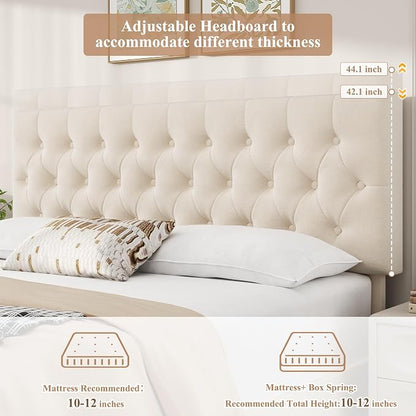 Keyluv King Size Upholstered Platform Bed Frame with 4 Storage Drawers, Modern Beige Velvet Bed with Adjustable Button Tufted Headboard, Solid Wooden Slat Support, Easy Assembly